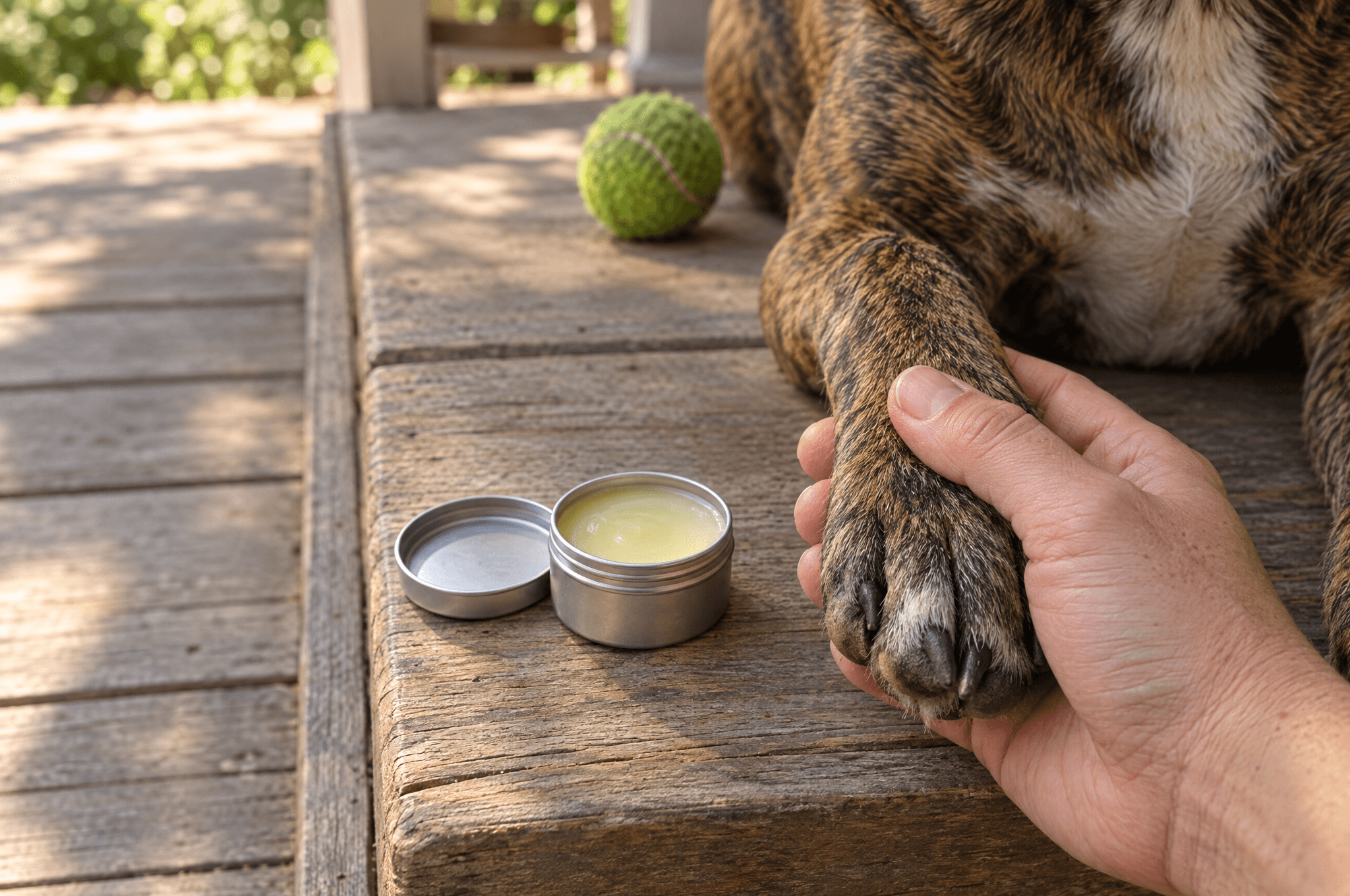 A person's hand holding a dog's paw on a porch step, with a small open tin beside them.