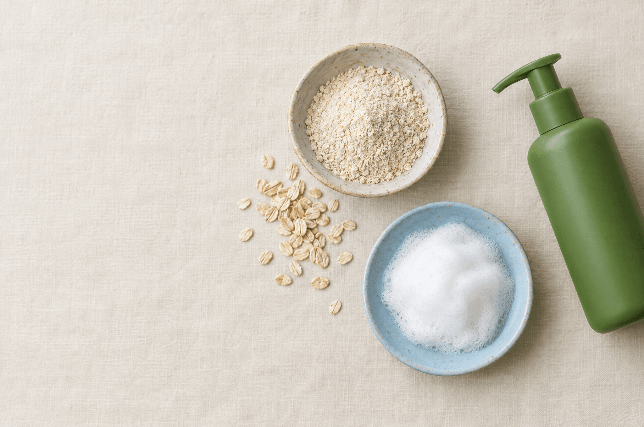 Finely ground oat in a small ceramic bowl beside a scoop of white lather.