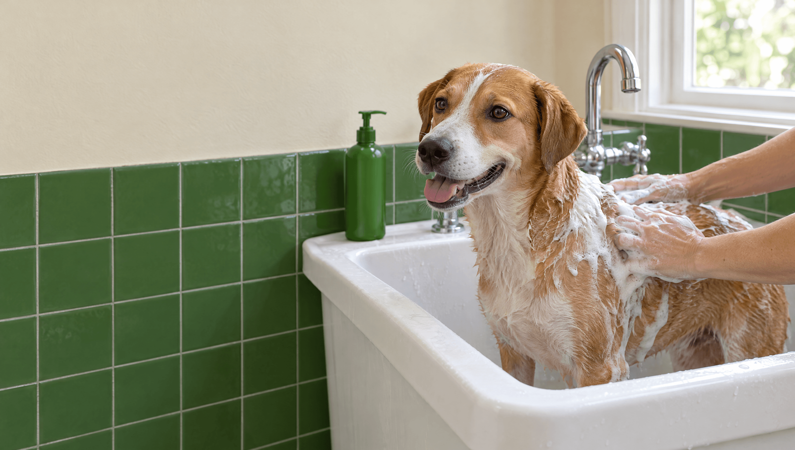 A dog standing in a mudroom sink, mid-lather, with a person's hands working foam into its coat.