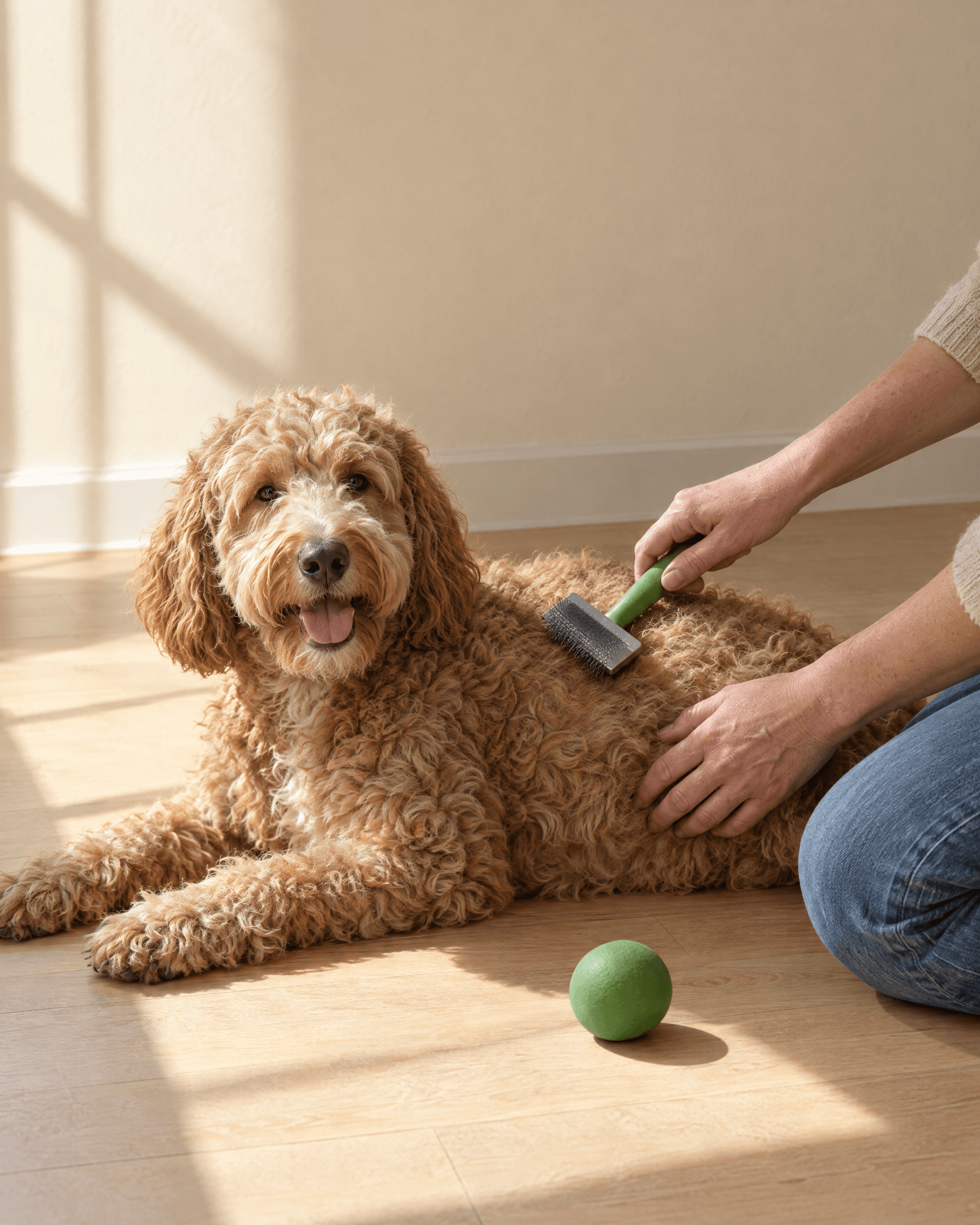A curly-coated dog lying in a patch of sunlight on a wood floor while a person brushes its coat with a green-handled brush.